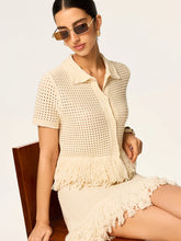 Fringed Mesh-Knit Polo Short Sleeve Top
